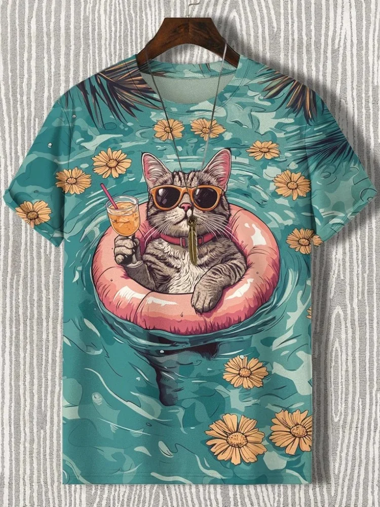 

Fashion Cat Printed Japanese T-shirts Vintage Short Sleeve Colorful Round Neck Tees 2025 Casual Korean Daily Oversized Tunics