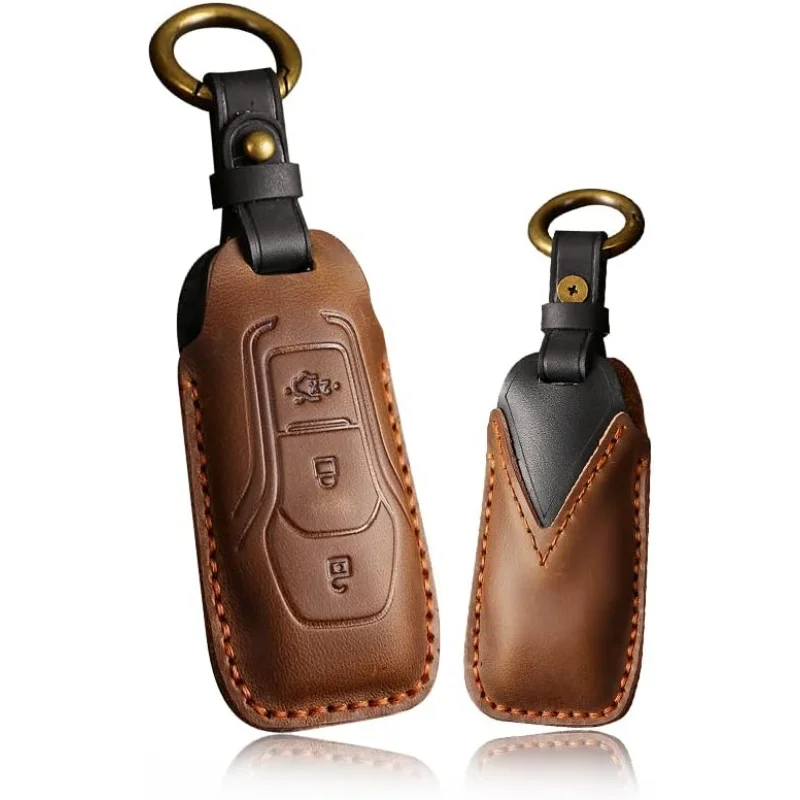

WH 3-Button Key Fob Cover Leather Key Holder 360° Protection Fit For Ford Explorer Or F-150 2015-2017 Smart Remote Brown