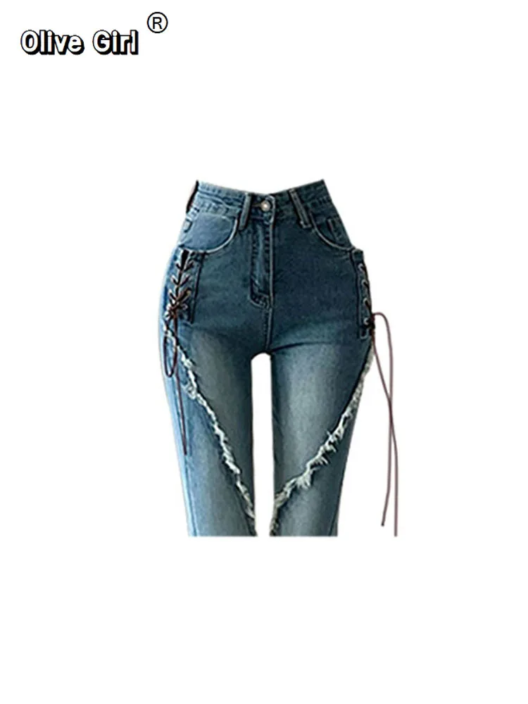 Olivegirl Y2k Flare Jeans Vintage Low Waisted Split Trousers Aesthetic Streetwear Casual Cargo Pants Women Style Distressed Jean