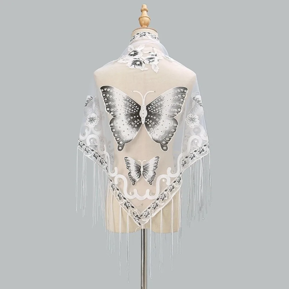 

Luxury Flower Lace Hollow Scarf Butterfly Embroidery Tassel Triangle Shawl Wraps Polyester Mesh Scarves Bridal