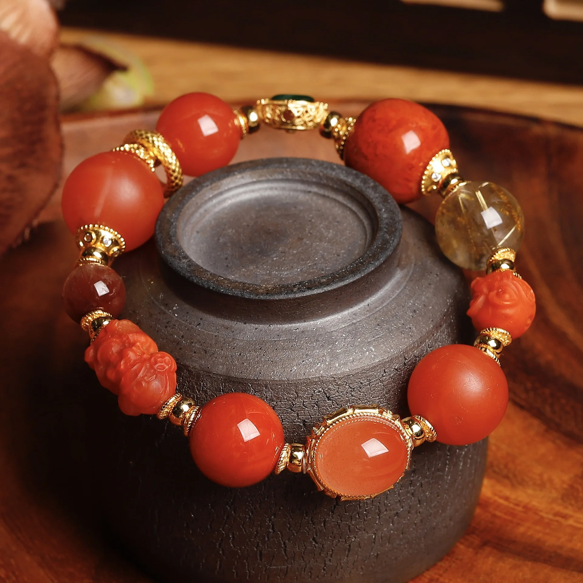 Chinese Style Natural Red Agate Bracelet, Gold Rutilated Green Jade Inlay 925 Silver Multi-Gemstone, Lucky Jewelry Gift