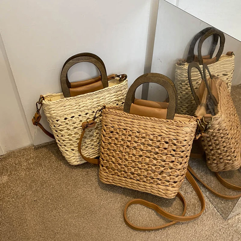 Handgefertigte Sommer-Strohhandtasche für Damen mit geflochtenem Griff, Strandtasche am Meer, Umhängetasche zum Einkaufen