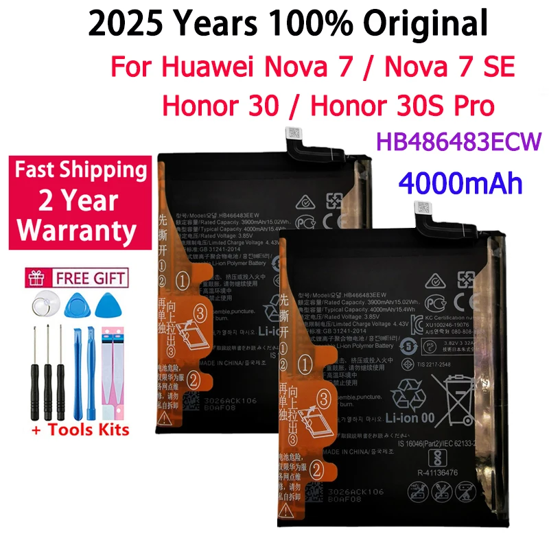 

2025 Year 100% Original Battery HB466483EEW 4000mAh For Huawei Nova 7 / Nova 7 SE / Honor 30 / Honor 30S Pro Batteries Batteria