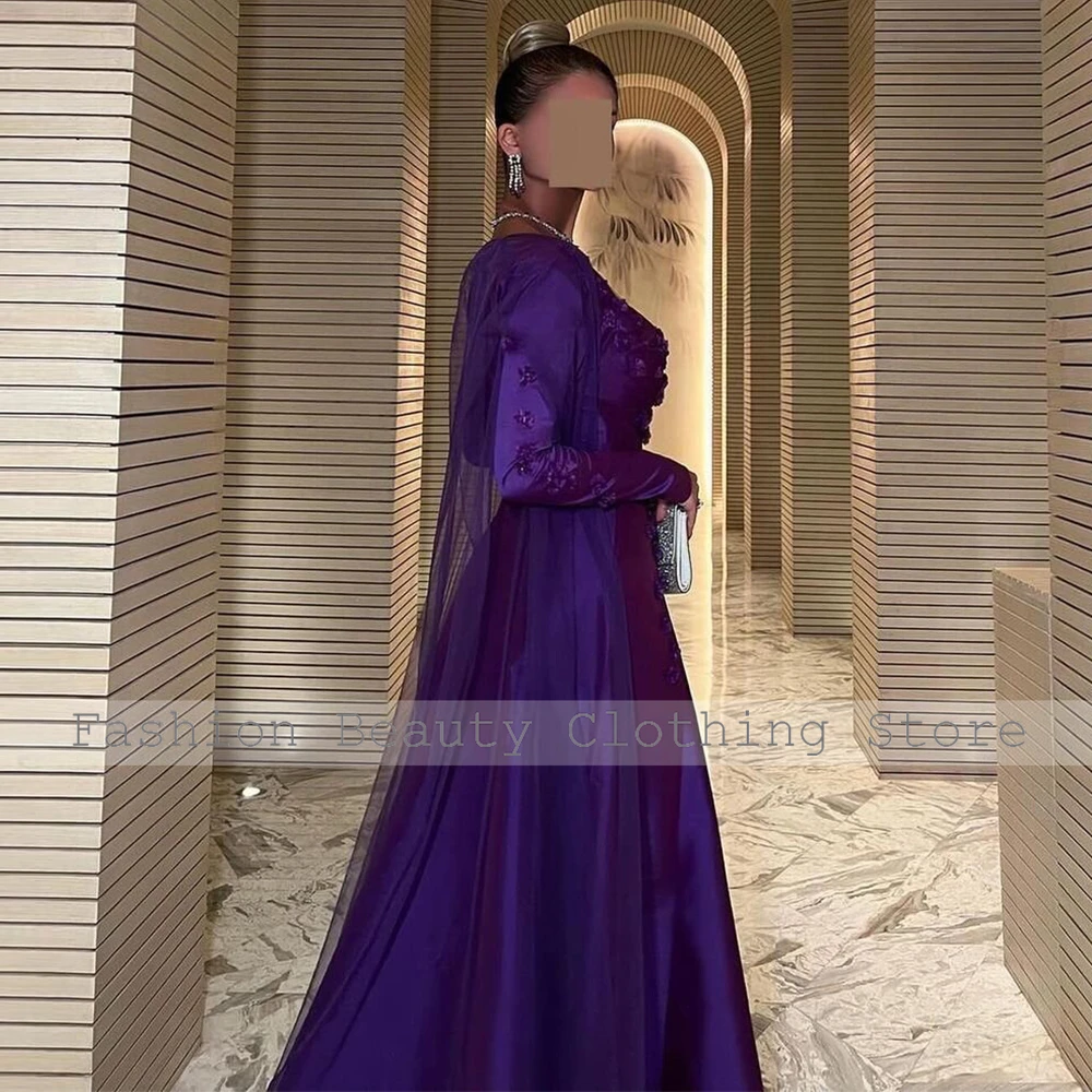 ExquisiteElegant Party Dresses Woman Purple Satin Net Applique Flower Ruched A-line Square Neck Long Dresses Formal Dress