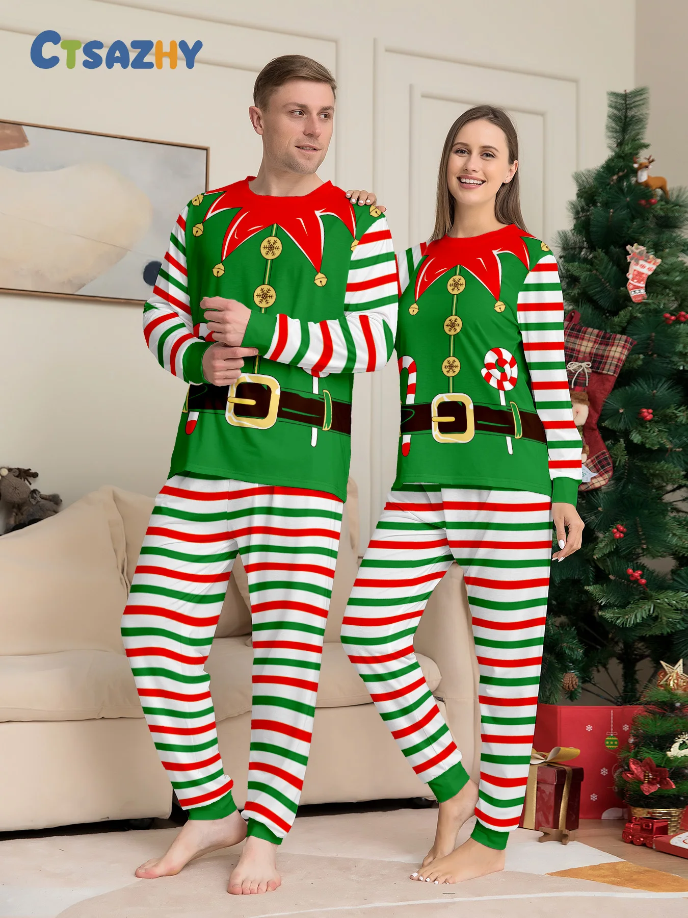

Christmas Couple Pajamas Set: Elf - Themed Green & Striped Matching Sleepwear