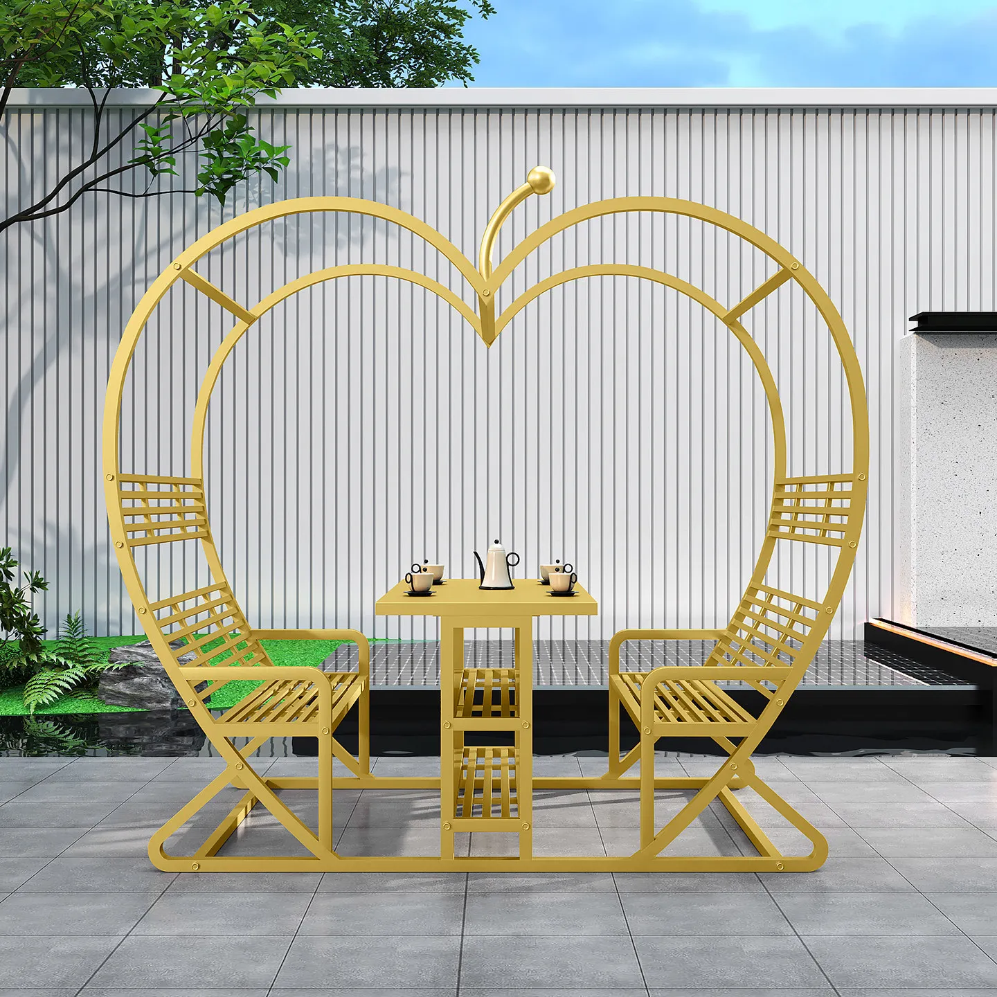 &Outdoor Chinese Style Wrought Iron Apple Heart-Shaped Tables Chairs Easy Assembly Outdoor Furniture Garden Set Scenic Area