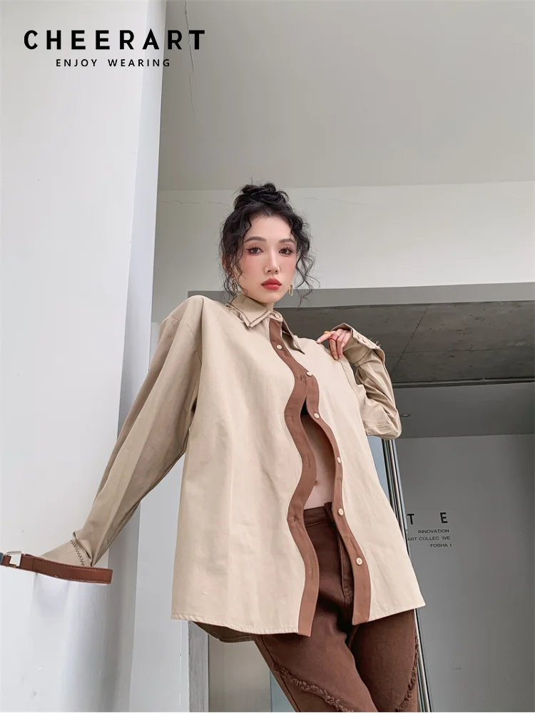 CHEERART Designer Long Sleeve Shirt For Women Wave Button Up Khaki Oversized Shirt Fashion Top And Blouses Spring 2023 Clothing