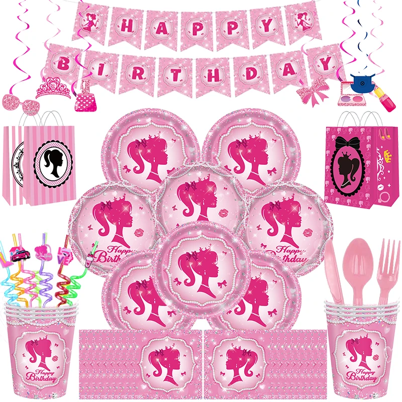 Image of Prinzessin Thema Geburtstag Party Dekoration Rosa Prinzessin Ballon Geburtstag Tischdecke Teller Tassen Serviette Stroh Kind Mädchen Party Geschenke