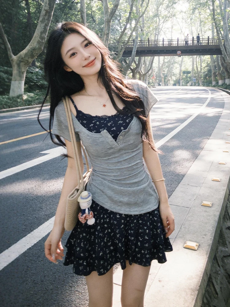 

Gray Floral Halter Dress Set Women's Fashion Summer Outfit T-Shirt Top High Waist Short Skirt Comfortable Loose Fit Spring Su...