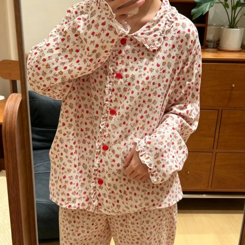 Spring Autumn Women 2Pcs Pajamas Strawberry Print Long Sleeve Ruffle Collar Cuffs Sweet Cute Korean Loungewear Home Clothing Set