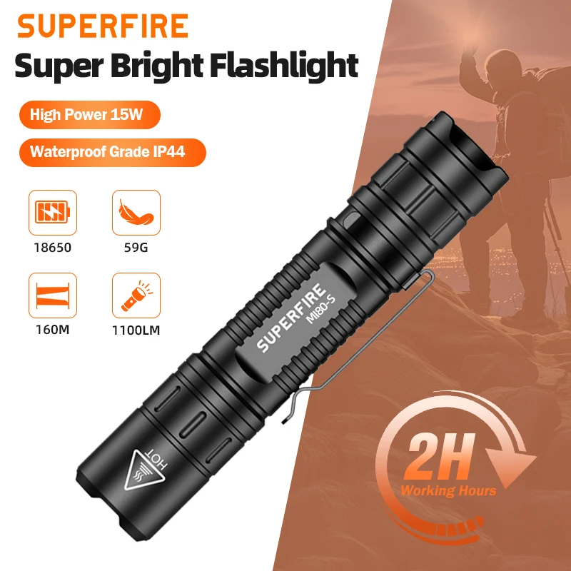 SUPERFIRE MI80-S LED Tactical Flashlight 1100Lumen EDC Torch 15W Powerful 18650 Portable Flash Light Fishing Camping Lantern