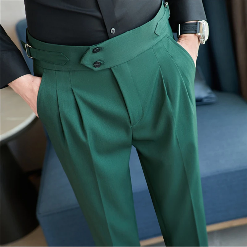 Men\'s Naples Trousers, Daily Casual Drape Sense High Waist Straight Tube Leisure Pants.Retro Green Formal Suit Pants.29-36