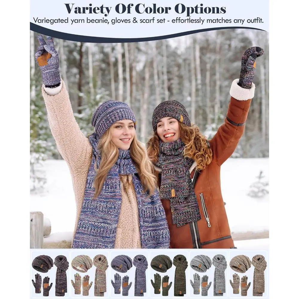 مجموعة إكسسوارات الشتاء المريحة 3 في 1 للسيدات: قبعة مترهلة، وشاح طويل، قفازات تعمل باللمس