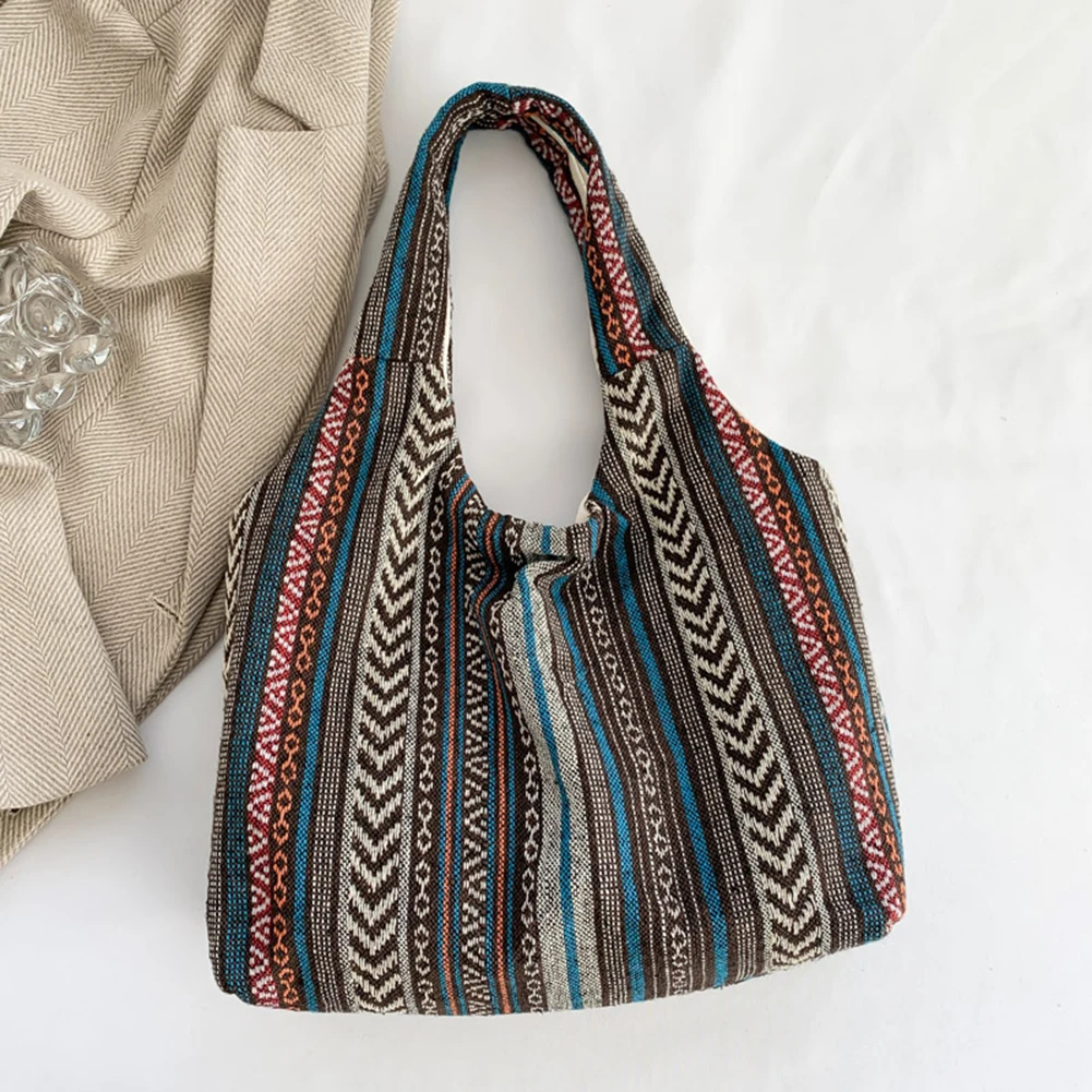 Women Bohemian Hippie Shoulder Bag Canvas Striped Trendy Tote Handbag 2024 Ethnic Style Shopping Bag Large Capacity Underarm Bag