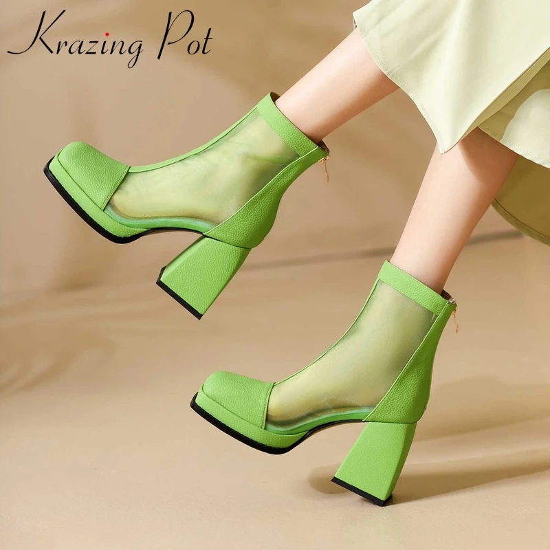 

Krazing Pot Genuine Leather Square Toe Super High Heel Summer Boots Solid Fashion Sun Protection Back Zip Cozy Ankle Boots L55