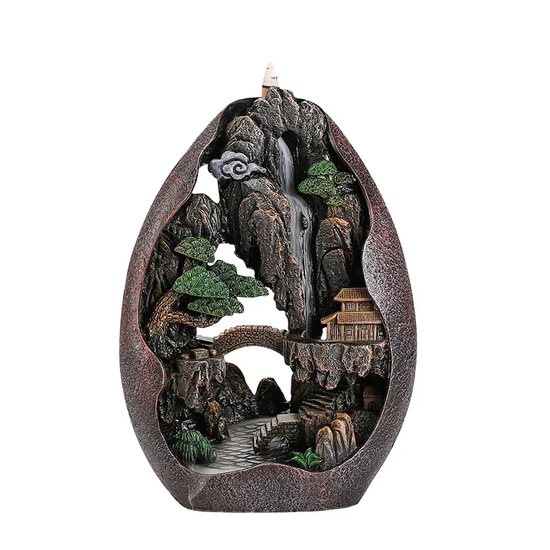 

Fountain Incense Burner Light Ornament Backflow Mountain River Inscence Holder Rockery Waterfall Burner Buda Smoke Decor