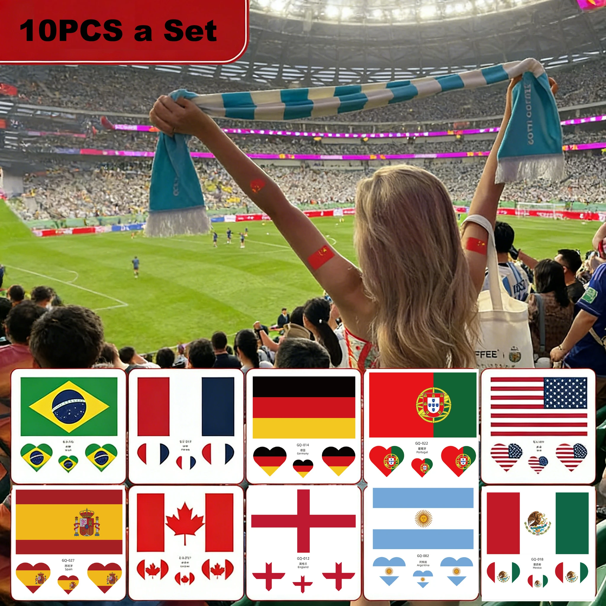 10PCS/Set Fake Face Tattoos Waterproof Sweatproof Temporary Tattoos Stickers for 2026 World Football Match Soccer Fans Festival