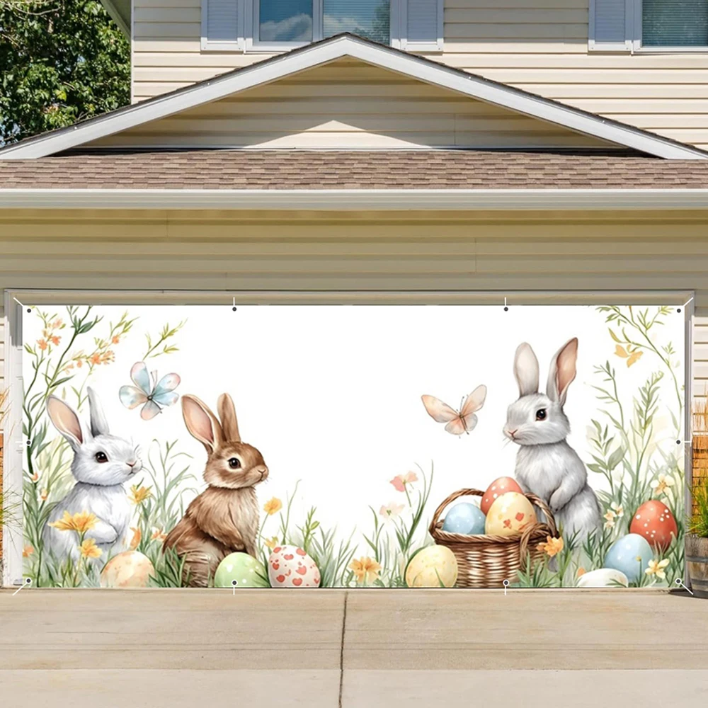 Easter Bunny Watercolor Garage Door Banner Cover Spring Floral Eggs Cute Bunny Happy Easter Party Supplies Background Large Size
