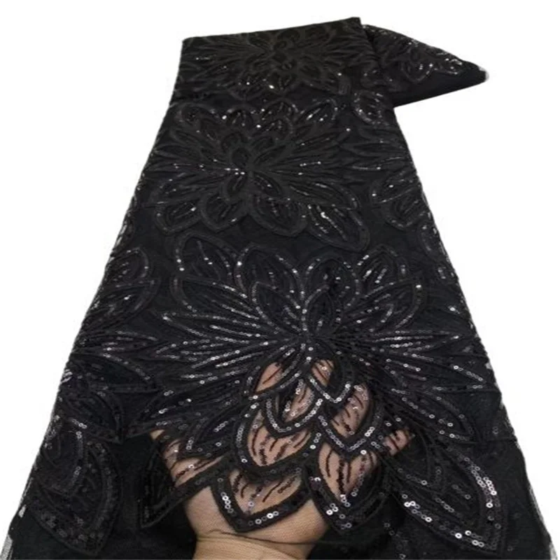 African Lace Fabric For Wedding Dress High Quality French Lace Fabric With sequins Fashion Nigerian Lace Fabric Black silver