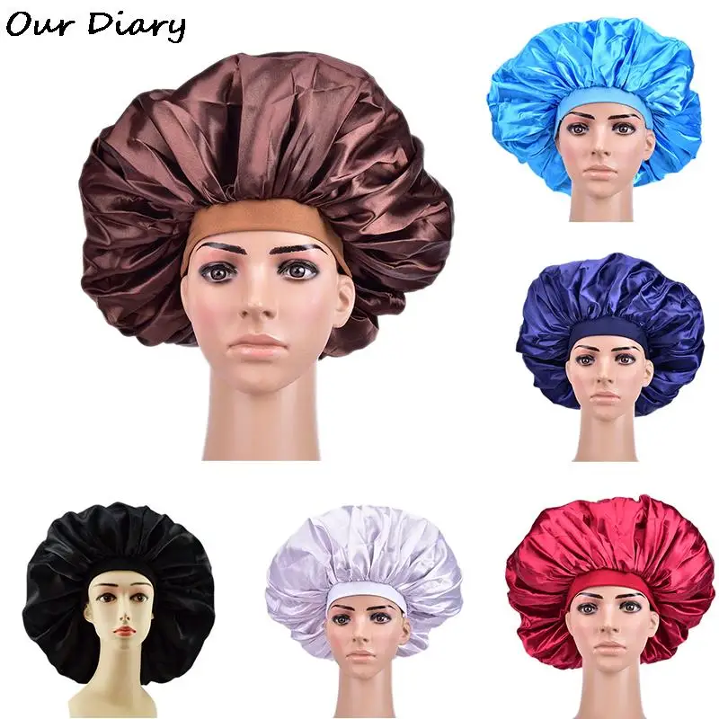 

1PC Luxurious Fabric Sleep Cap Super Giant Sleep Cap Waterproof Shower Caps Female Hair Care Large Satin Silk Bonnet