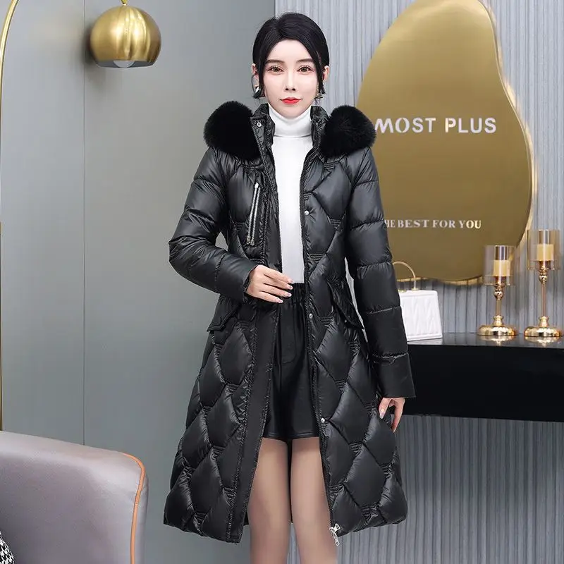 

2023 Autumn Winter Hooded Fur Collar Long Parkas Mujer Thick Warm Down Cotton Padded Jacket Women Casual Hoodies Coat Female