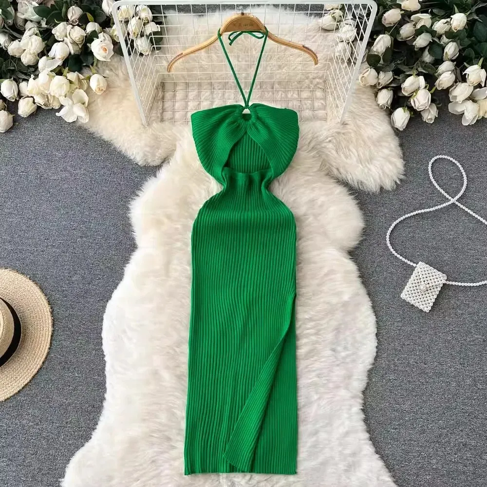 Kleider für Frauen Sexy Paket Hüften Hohe Split Bodycon Party Kleid Sommer Rippen Stricken Strand Vestidos Urlaub Partwear