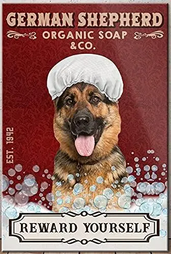 Bathtub Dog Retro Metal Tin Sign, German Shepherd Organic Soap Bubble Bath Poster Vintage Toilet Cave Bar Home Bathroom Wal sign