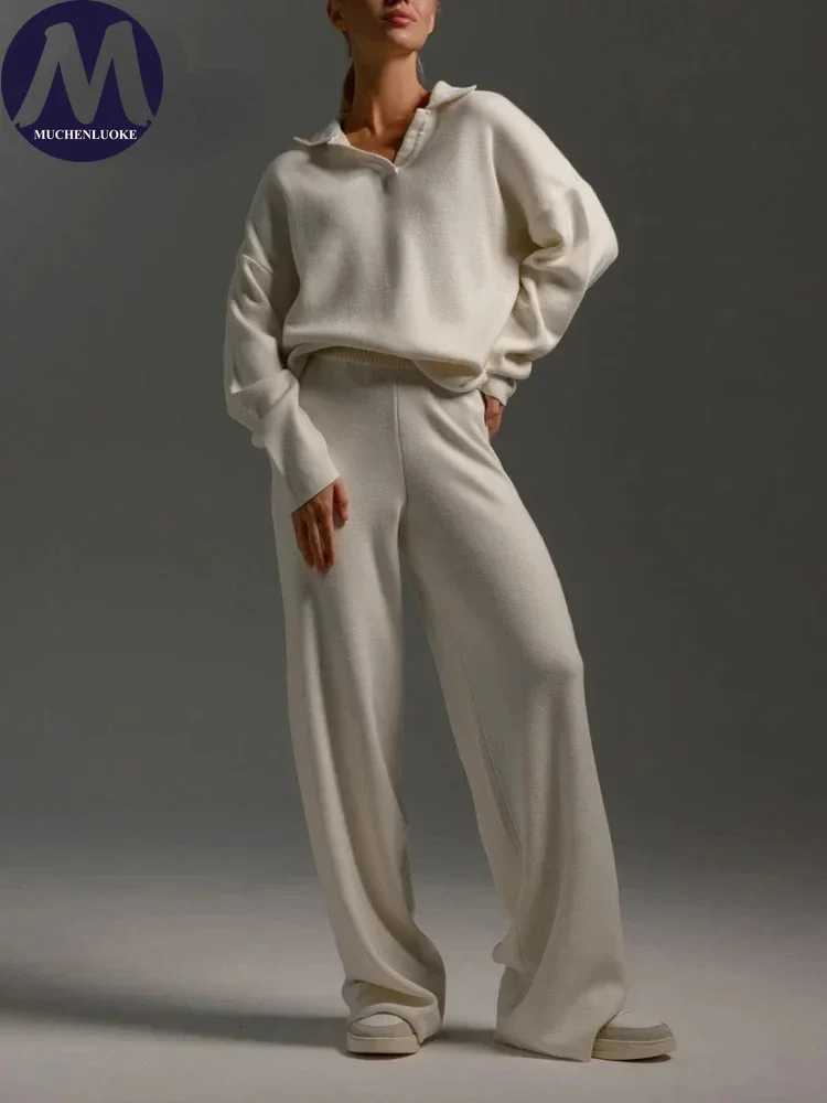 Elegant Women's Knitted Tracksuit Two-Piece Set Office Oversized Polo Sweater And Wide Leg Pants Set for Business Casual Wear