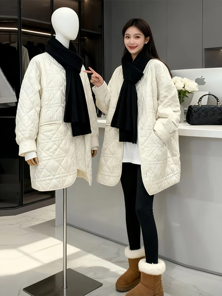 

Теплая простая хлопковая куртка средней длины с ромбовидным узором 2026, V-образным вырезом, на одной пуговице, свободного кроя, в корейском стиле, для повседневной носки