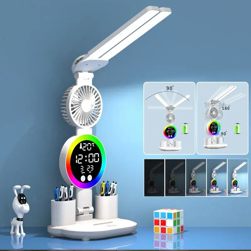 Led Table Lamp Rechargeable For Study Desk Lamp Reading Night Light With Fan Clock Dispaly Room Bedside Reading Led  Desk Lights