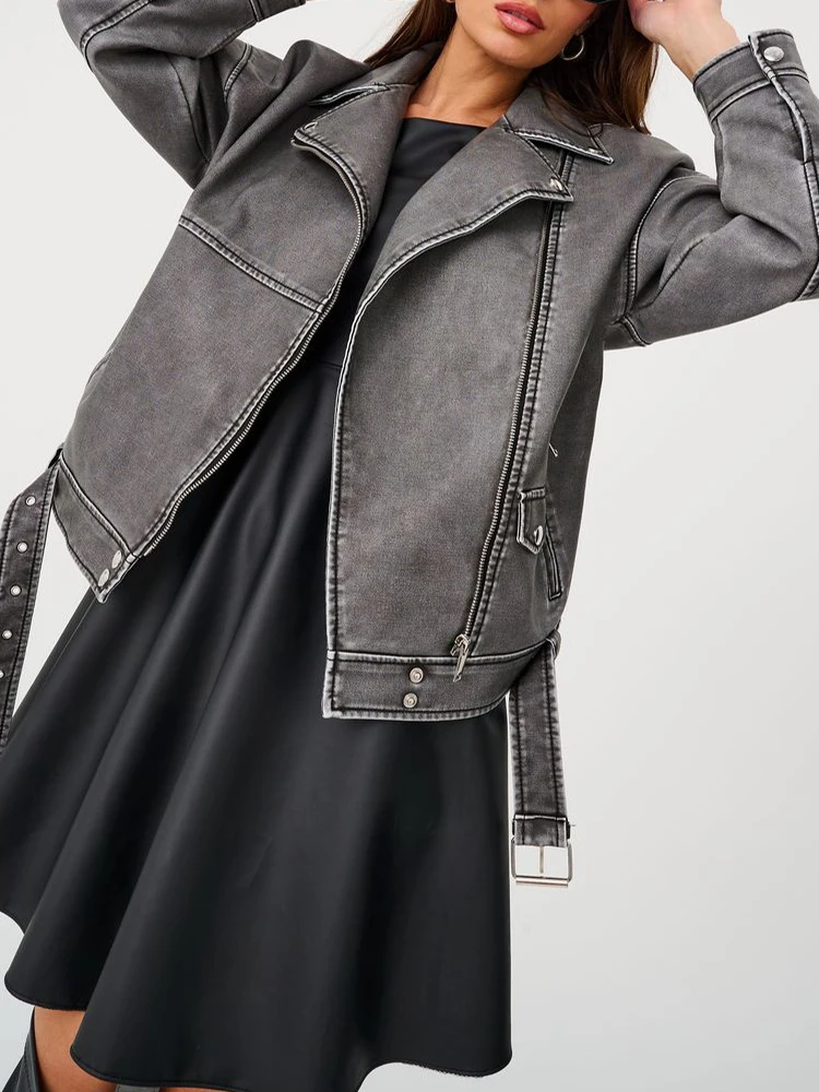 Ailegogo Spring Autumn Women Loose Retro Grey Pu Faux Leather Jacket Streetwear Female Zipper Belt Moto Biker Coat Outwear