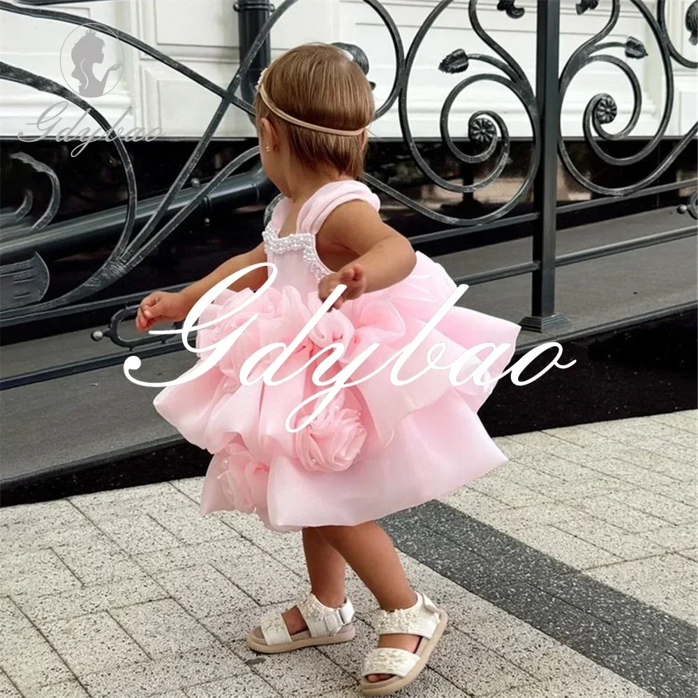 

Luxury Beading Flowers Pleat Formal Princess Wedding Party Flower Girl Dress Square Neck Sleeveless First Communion Gown New