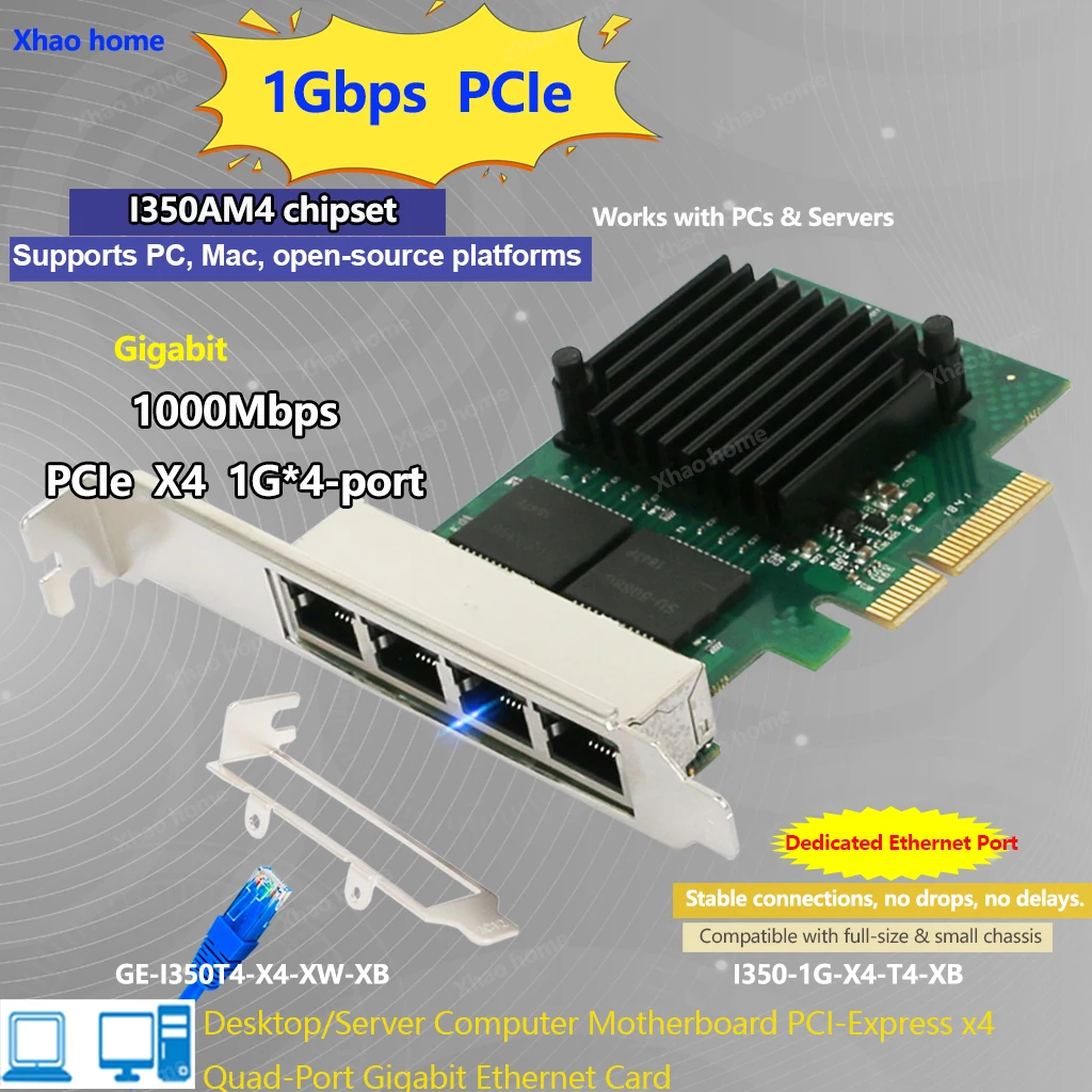 

Network Card 1350AM4 Gigabit Ethernet PCI Express PCIE 1Gbps LAN Adapter 4 Port RJ45 Network Card for Desktop PC 10/100/1000Mbps