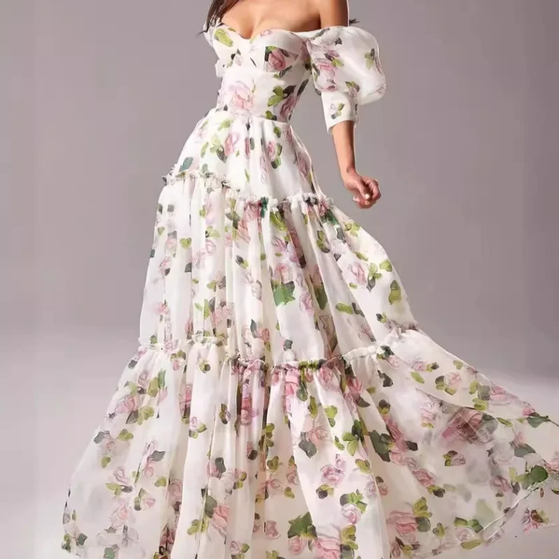 

Embroidered Yarn Party Dress V-Neck Off-The-Shoulder Formal Occasion Dress Exquisite Printed Ball Dress