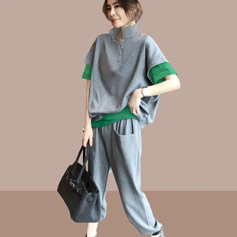 Gray T Shirts Sets Women Fashion Fake Two-piece Short Sleeve T-shirt Casual Trousers Oversized Loose Two Piece Suits Summer New