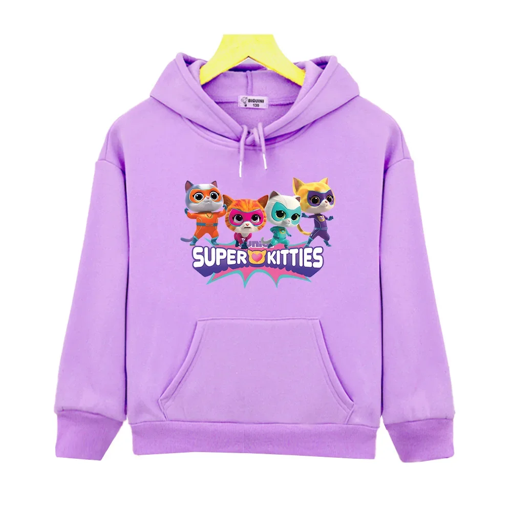 Superkitties bonito crianças hoodies casuais crianças moletom de manga longa com capuz meninos meninas roupas kawaii impressão gráfica topos