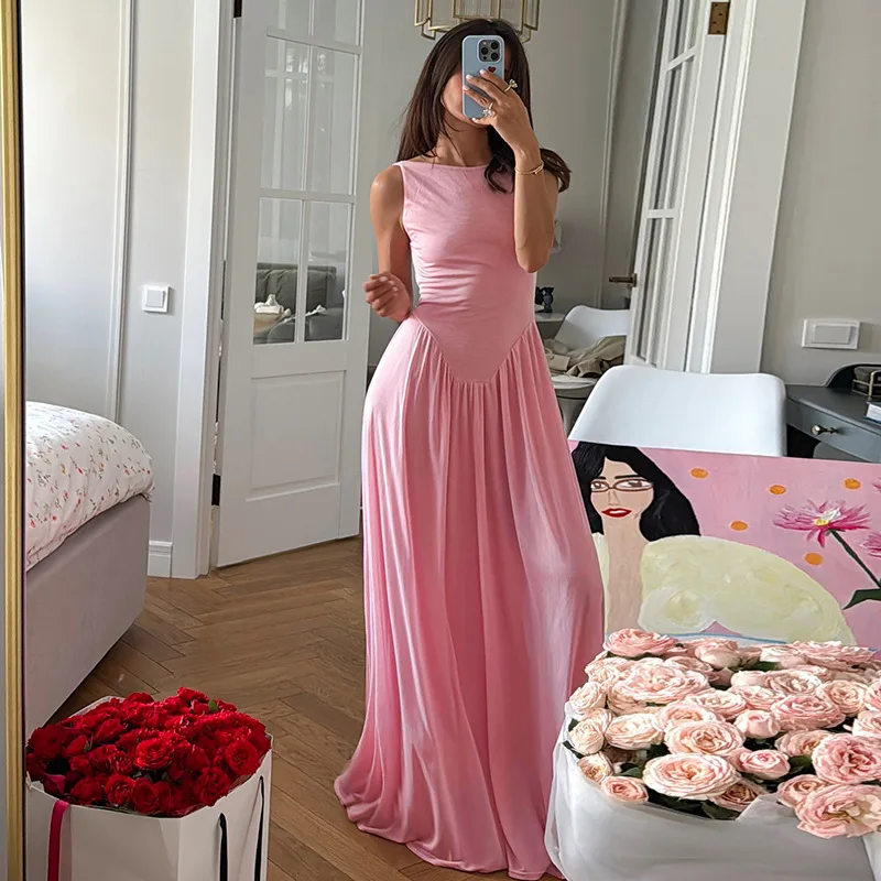 

Ticketsx Summer Women Patchwork Pleated Long Dress Fashiona Elegant Sleeveless Dress Sexy Backless Luxurious Women Evening Dress