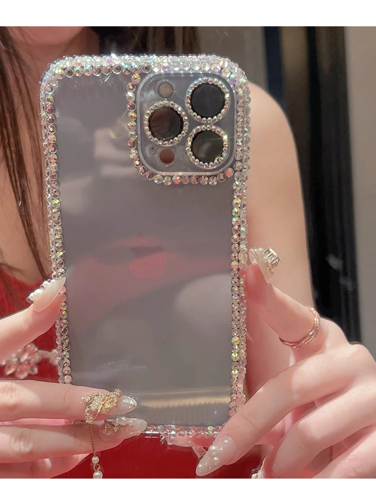 Bling Rhinestone Gem Diamond Case for iPhone 16 15 14 13 12 11 Pro Max XS XR 7 Plus Luxury Glitter Camera Lens Protector Cover