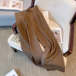 Plus-size women's spring casual pants brown polyester wide leg pants loose comfortable commuter pants hip size 160 plus