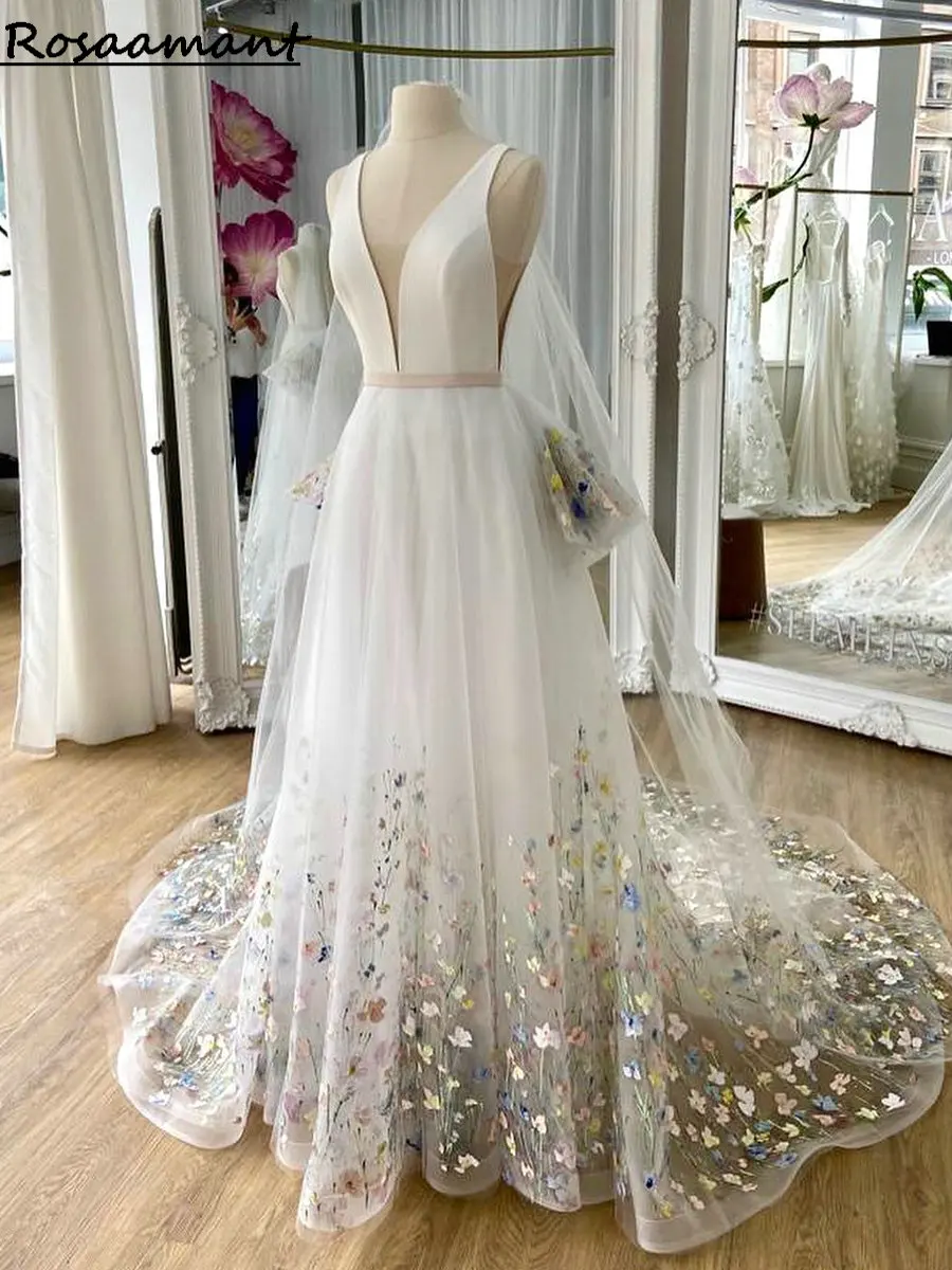 Vestidos de novia de encaje Floral 3D sin mangas con cuello en V, imagen Real, línea A, Espalda descubierta, volantes, vestidos de novia bohemios