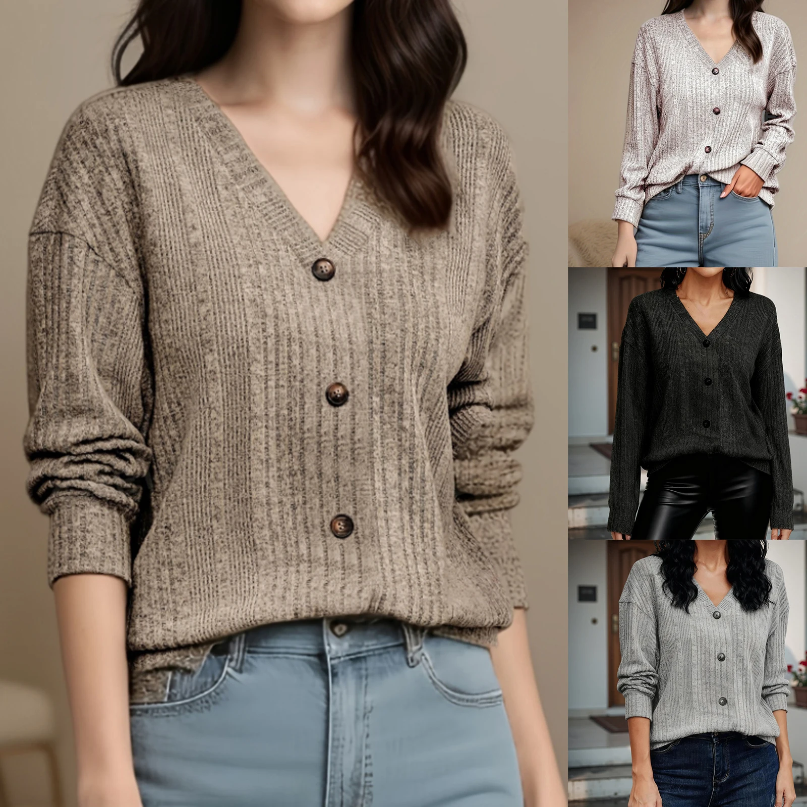 เสื้อสเวตเตอร์สีพื้นคลาสสิกสำหรับผู้หญิง คอวี แขนยาว ติดกระดุมด้านหน้า ผ้าถักแบบริบ ทรงลำลอง