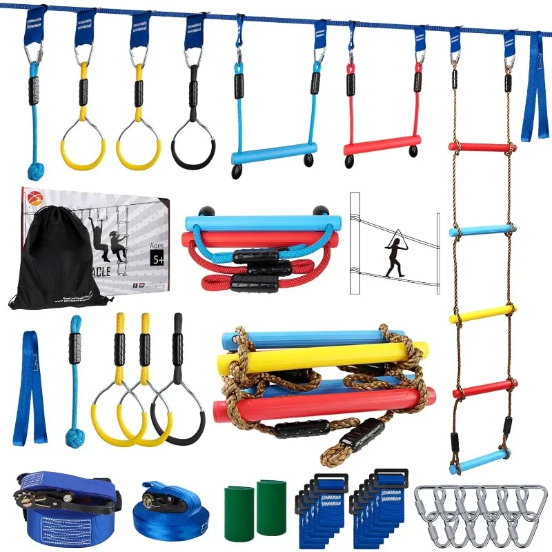 Obstacle Course for Kids, 2×56ft Slackline Kit with 8  Accessories - Monkey Bar, Rope Ladder, Gymnastic Ring, Arm Trainer