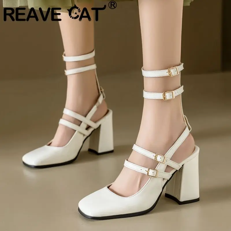 REAVE CAT 2024 Women Sandals 32 33 Patent Leather High Heels Shoes Strap Toe Multi-buckle Janes Shoes 45 46