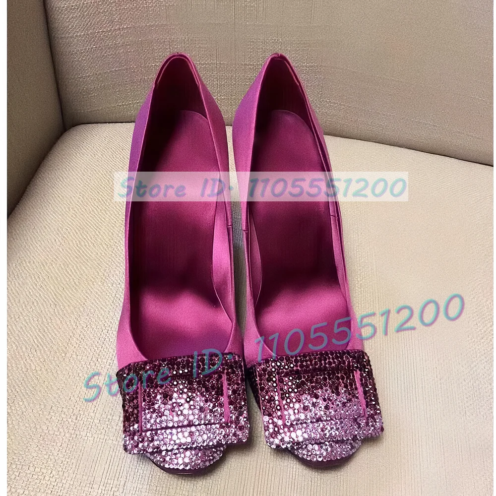 Rose Red Crystal Buckle Satin Pumps Women Round Toe High Heels Luxury Party Shoes Ladies Summer Showy Leggy Classy Stiletto Heel