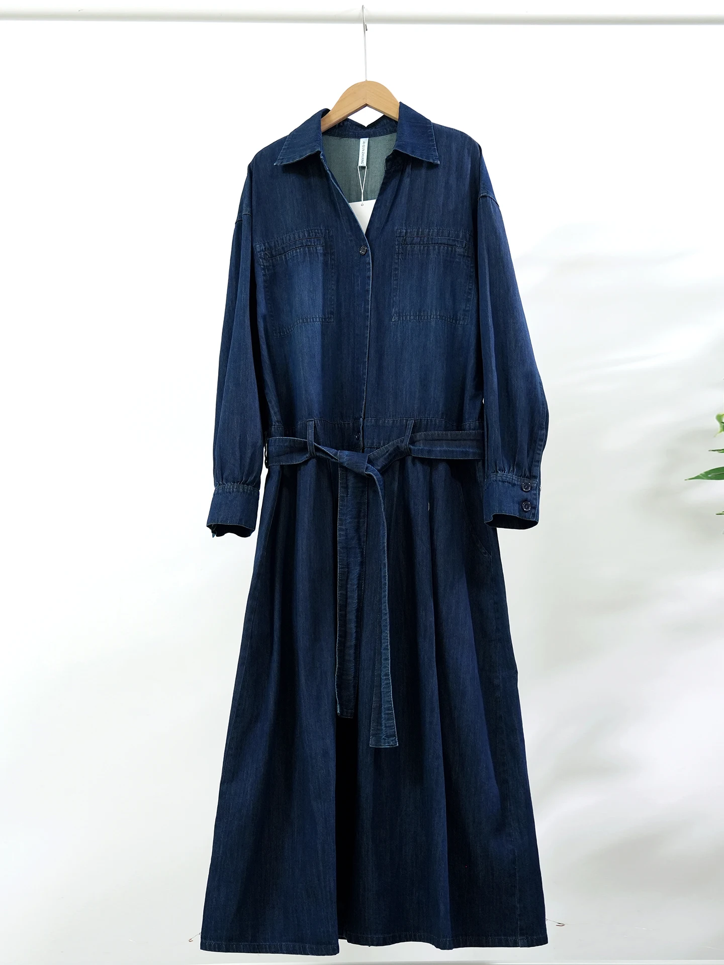 TIYIHAILEY-Long Maxi Single Breasted Denim Dress for Women Long Sleeve Vintage New 2025 Turn Down Collar With Belt Spring Slit