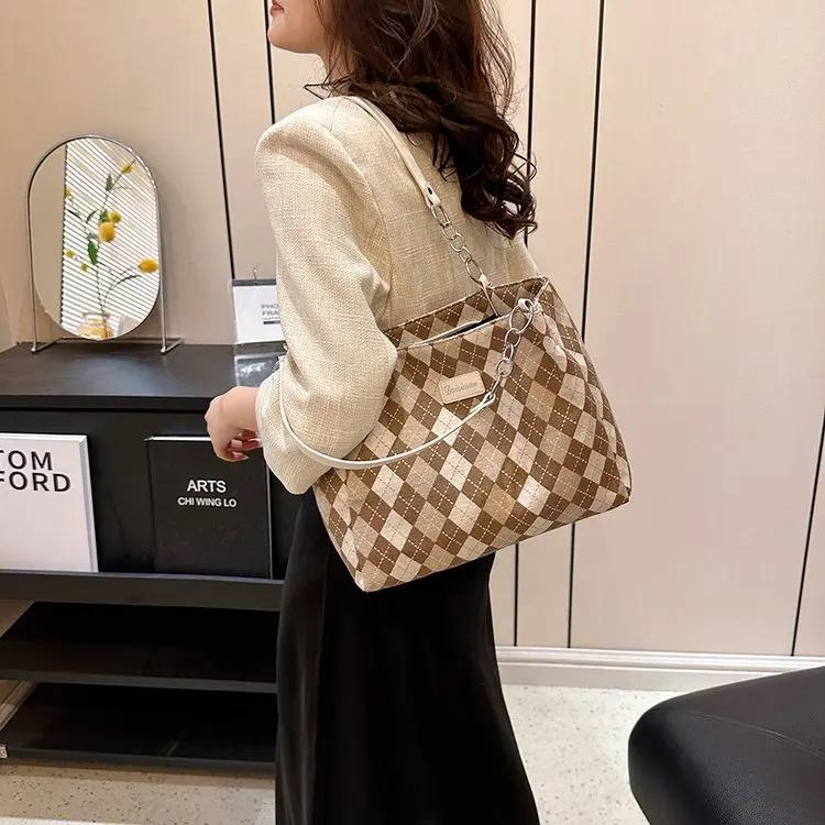 

Вместительная женская сумка-тоут из холщовой ткани с клетчатым дизайном, повседневная, для поездок на работу, класса люкс