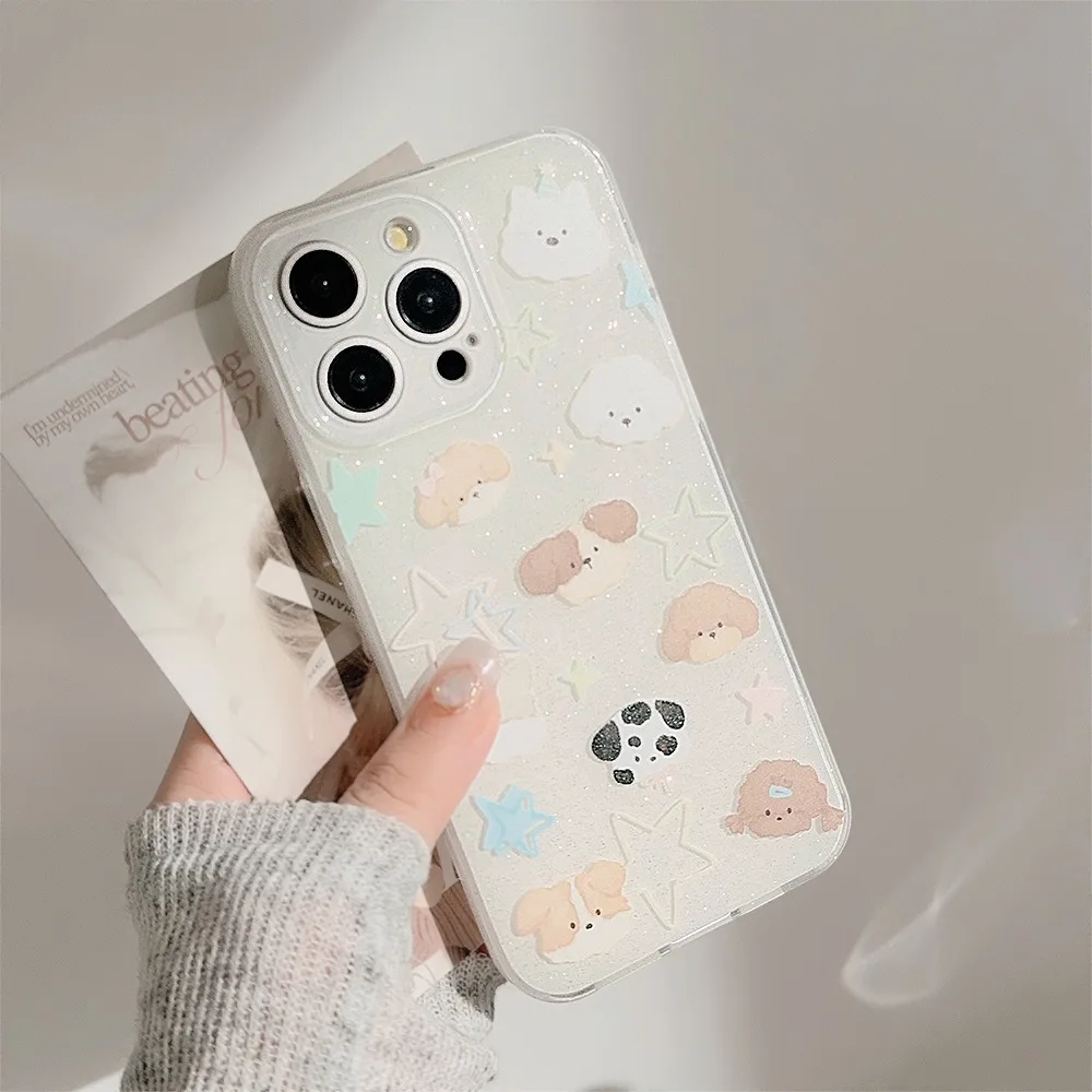 Glitter Cute Puppy Cartoon Phone Case With Rocking Stand For iphone16 Soft Phone Case For iphone 15promax Cover