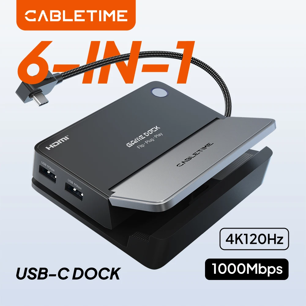 CABLETIME USB C Hub Docking Station Game Dock HDMI 4K 120Hz RJ45 Gigabit LAN 1000W for Nintendo Switch 1/2 Steam Deck OLED