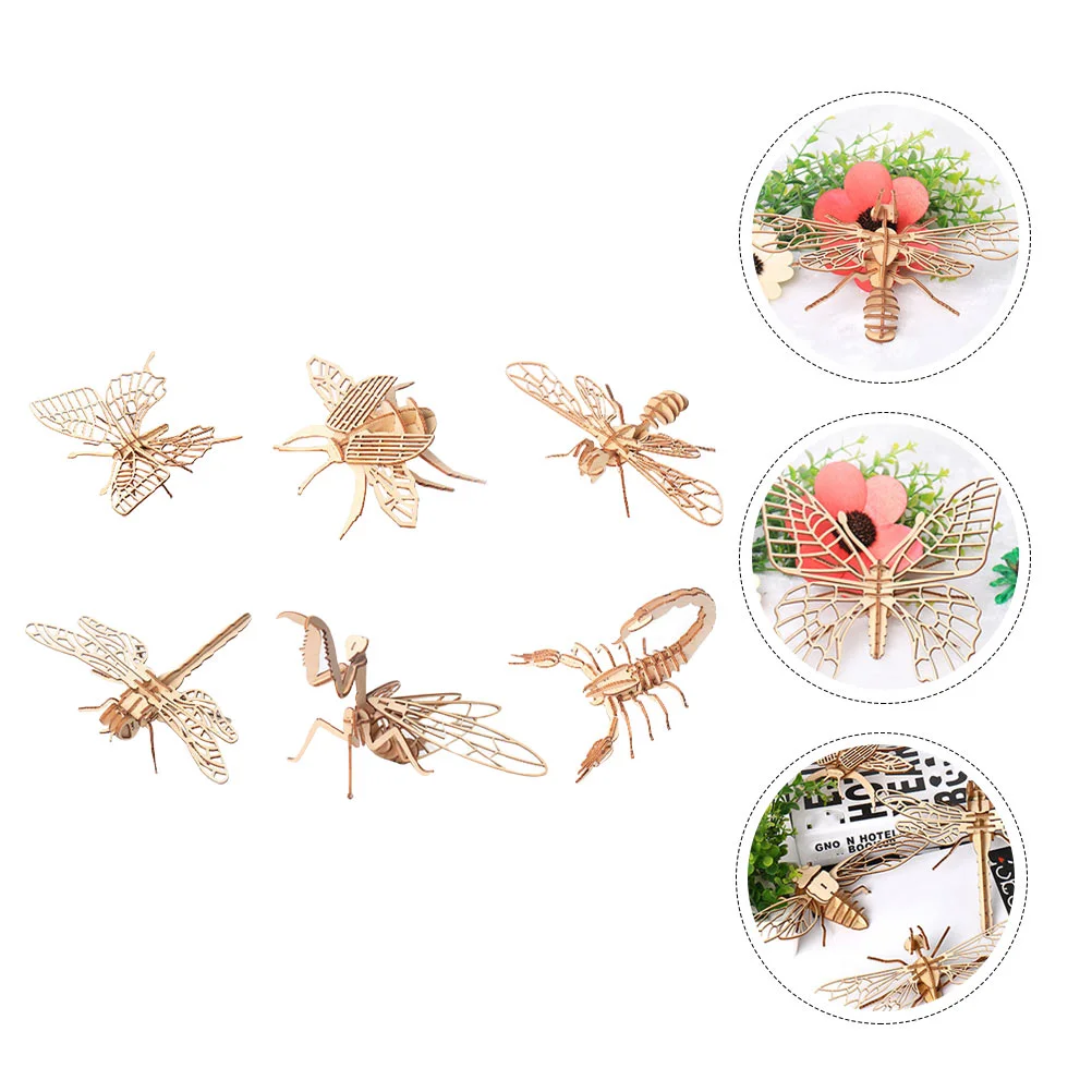 6 Pcs Wooden 3D Puzzle For Kids Craft Toy Animal Models Assembled Toys Kids Educational Wood Insect Puzzle Play