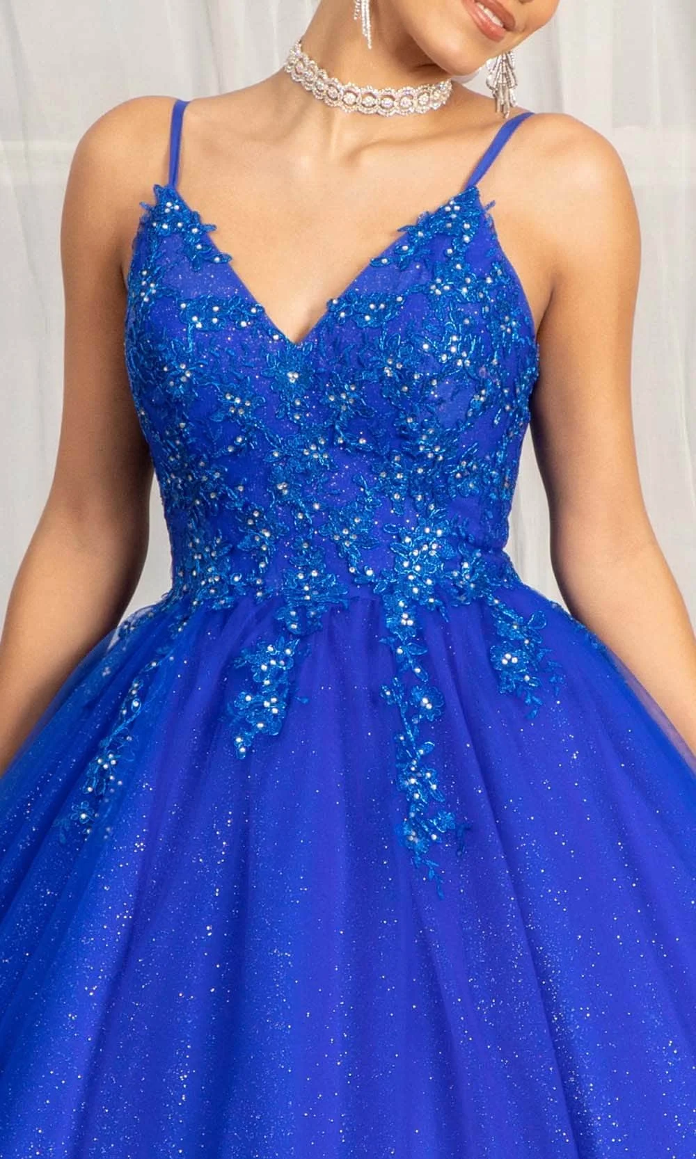 2022 quinceanera vestidos de renda apliques azul real espumante tule com decote em v até o chão baile baile baile baile formal vestido 15 anos